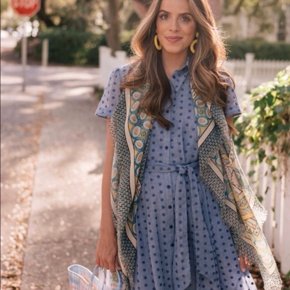 GAL MEETS GLAM Rebecca Blue Chambray Polka Dot tie-waist dress NEW without tags.